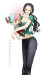  alternate_hairstyle black_hair breasts carrying chikichiki_(robitema) cleavage green_shirt groin large_breasts lipstick long_hair makeup mature nico_robin one_piece shirt tony_tony_chopper translated 