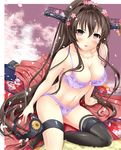  akairo_no_mako blush bra breasts brown_hair cleavage hair_ornament highres kantai_collection large_breasts lingerie long_hair looking_at_viewer panties ponytail single_thighhigh solo thighhighs underwear underwear_only very_long_hair yamato_(kantai_collection) 