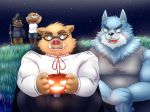  2010 anthro blue_fur boar brown_fur canid canine canis clothing dog fur group halloween holidays humanoid_hands male mammal mohumohuotou night okatana outside overweight overweight_male pants porcine privateotou shirt shorts sitting wolf 