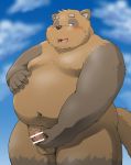  2016 anthro balls belly blush brown_fur canid canine dekatanu fur humanoid_hands male mammal masturbation moobs navel nipples overweight overweight_male penile_masturbation penis raccoon_dog solo tanuki 