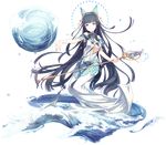  bangs bare_shoulders black_hair blue_eyes blunt_bangs breasts cleavage dress dungeon_anywhere full_body h2so4 hairband headgear long_hair medium_breasts outstretched_arm sidelocks solo staff transparent_background very_long_hair white_dress 