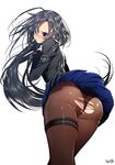  ass bad_id bad_pixiv_id black_hair black_legwear black_panties blue_eyes blush brown_legwear closers hair_ornament long_hair open_mouth panties panties_under_pantyhose pantyhose simple_background skirt solo sukja thigh_strap torn_clothes torn_legwear underwear white_background yuri_seo 