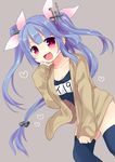  :3 :d blue_hair blue_legwear bow character_name collarbone contrapposto fang grey_background hair_ornament heart i-19_(kantai_collection) jacket jacket_over_swimsuit kantai_collection leaning_forward long_hair low-tied_long_hair nagasioo one-piece_swimsuit open_mouth red_eyes school_swimsuit simple_background smile solo standing swimsuit thighhighs tooth twintails 