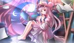  book bow hair_bow hair_ribbon hat highres long_hair looking_at_viewer mob_cap object_hug patchouli_knowledge purple_eyes purple_hair ribbon risutaru sitting smile solo touhou very_long_hair 