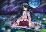  black_hair branch flower full_moon head_tilt houraisan_kaguya jeweled_branch_of_hourai lily_pad long_hair long_sleeves looking_at_viewer moon mosho night night_sky pink_eyes shirt shooting_star skirt sky solo star_(sky) touhou traditional_media very_long_hair wading water wide_sleeves 