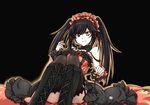  artist_request bare_shoulders black_hair boots breasts choker clock_eyes date_a_live dress female gothic_lolita hairband highres lolita_fashion lolita_hairband sitting solo symbol-shaped_pupils thighhighs tokisaki_kurumi twintails 