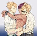  arms_around_neck blonde_hair boy_sandwich dramatical_murder earrings funpjinju glasses hands_on_another's_hips jewelry male_focus mizuki_(dramatical_murder) multiple_boys red_hair sandwiched shirtless smile spiked_hair tattoo trip_(dramatical_murder) virus_(dramatical_murder) yaoi 