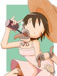  bad_id bad_pixiv_id banned_artist brown_hair can closed_eyes commentary_request extra_mouth hat horror_(theme) okahi original soda_can solo sun_hat tongue tongue_out 