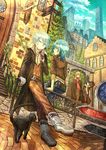  3boys aqua_hair bad_id bad_pixiv_id black_cat boots brick_wall brown_hair building cat cloud coat door drinking dutch_angle gloves hands_in_pockets multiple_boys mura_karuki original outdoors pavement scarf signpost sky smile stained_glass stairs white_gloves window yellow_eyes 