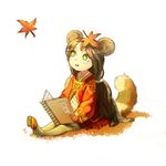  absurdres animal_ears autumn_leaves blade_&amp;_soul book brown_hair dicorndl green_eyes highres leaf long_hair lyn_(blade_&amp;_soul) maple_leaf open_mouth simple_background sitting solo tail very_long_hair white_background 
