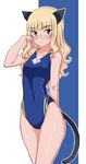 animal_ears arm_behind_back bangs blonde_hair blunt_bangs blush cat_ears cat_tail collarbone competition_swimsuit covered_navel cowboy_shot eyebrows glasses highres komusou_(jinrikisha) long_hair one-piece_swimsuit outline perrine_h_clostermann smile solo strike_witches swimsuit tail world_witches_series yellow_eyes 