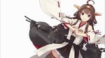  ahoge brown_hair clenched_hand detached_sleeves eyecatch fist_in_hand hair_bun headgear highres japanese_clothes kantai_collection kongou_(kantai_collection) konishi_(koconatu) long_hair machinery non-web_source nontraditional_miko official_art own_hands_together palm-fist_greeting purple_eyes ribbon-trimmed_sleeves ribbon_trim screencap smirk solo thighhighs turret zettai_ryouiki 