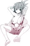  arms_behind_head arms_up bike_shorts breasts feet highres large_breasts looking_at_viewer monochrome nipples no_bra off_shoulder open_clothes original simple_background smile soles solo takara_akihito toes wet white_background 