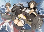  ankle_boots arched_back black_hair black_panties blue_sky boots breasts brown_eyes brown_hair cannon ccaw cloud cowboy_shot elbow_gloves fingerless_gloves gloves grey_footwear headgear highres kantai_collection large_breasts long_hair looking_at_viewer mecha_musume microskirt midriff multiple_girls mutsu_(kantai_collection) nagato_(kantai_collection) navel open_mouth outdoors panties short_hair skirt sky sleeveless smile splashing thighhighs turret underwear water 
