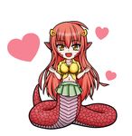  aoba_kino breasts chibi cleavage fang front-tie_top full_body green_skirt groin hair_ornament hairclip heart lamia long_hair looking_at_viewer medium_breasts miia_(monster_musume) monster_girl monster_musume_no_iru_nichijou navel open_mouth pointy_ears red_hair scales shirt simple_background skirt slit_pupils solo very_long_hair white_background yellow_eyes yellow_shirt 