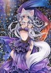  animal_ears arabian_clothes blue_eyes blush breasts cleavage collarbone dancer dancing dated detached_sleeves harem_outfit heterochromia long_hair medium_breasts midriff mosho navel open_mouth original purple_hair red_eyes scarf signature smile solo tail traditional_media watercolor_(medium) 
