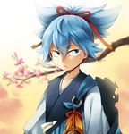  blue_eyes blue_hair cr72 japanese_clothes male_focus sayo_samonji solo touken_ranbu tree upper_body 