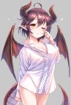  1girl ;o ahoge bangs blush breasts brown_eyes brown_hair cleavage commentary_request curled_up dragon_girl dragon_horns dragon_tail dragon_wings dress_shirt eyebrows_visible_through_hair frills granblue_fantasy grea_(shingeki_no_bahamut) grey_background hair_between_eyes hand_up highres horns large_breasts long_sleeves looking_at_viewer naked_shirt one_eye_closed parted_lips pointy_ears shingeki_no_bahamut shirt short_hair solo tail tears tomo_(user_hes4085) white_shirt wings 