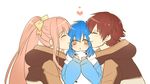  2boys blue_hair bow cheek_kiss child closed_eyes double_cheek_kiss dramatical_murder family father_and_son hair_bow heart kiss kuronohana long_hair mother_and_son multiple_boys pink_hair ponytail red_hair sandwiched seragaki_aoba seragaki_haruka seragaki_nain short_hair smile yellow_eyes younger 