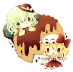  :3 artist_name blonde_hair bow chibi chocolate chocolate_covered cookie eyeball fang flandre_scarlet food food_on_face green_eyes green_hair hand_on_own_face hat hat_ribbon heart komeiji_koishi mike_(mikeneko) multiple_girls open_mouth red_eyes ribbon short_hair side_ponytail skirt smile third_eye touhou trait_connection wings 