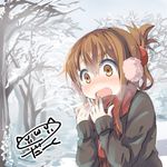  blush breath brown_eyes brown_hair darkside earmuffs inazuma_(kantai_collection) kantai_collection scarf snow solo sweater 