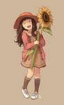  :d ^_^ ^o^ absurdres blush brown_hair closed_eyes dicorndl dress flower hat highres long_hair open_mouth original pigeon-toed shoes smile socks solo sunflower 