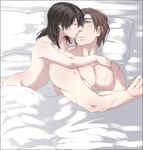  1girl a_will age_difference bed black_hair blanket brown_hair closed_eyes couple green_eyes hair_over_one_eye hetero husband_and_wife kago1205 long_hair nude pillow scar short_hair 
