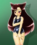  animal_ears blush breast_hold breasts brown_hair collarbone embarrassed fingernails green_background imaizumi_kagerou large_breasts long_hair looking_away nail_polish one-piece_swimsuit open_mouth red_eyes school_swimsuit simple_background solo swimsuit touhou winn wolf_ears 