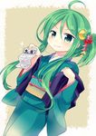  &gt;:) ahoge alternate_costume alternate_hairstyle crescent crescent_hair_ornament flower green_eyes green_hair hair_flower hair_ornament holding holding_paper japanese_clothes kantai_collection kimono nagasioo nagatsuki_(kantai_collection) omikuji paper smile v-shaped_eyebrows yukata 