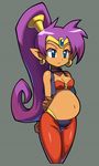  1girl artist_request blue_eyes breasts cleavage dark_skin earrings female highres jewelry makoto_yabe official_art photoshop pointy_ears ponytail pregnant purple_hair shantae shantae_(character) shantae_and_the_pirate's_curse solo 