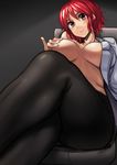  ayakumo bad_id bad_pixiv_id black_legwear blazer breasts chair covering_nipples crossed_legs highres horikawa_raiko jacket large_breasts long_sleeves looking_at_viewer midriff no_pants no_shirt open_blazer open_clothes open_jacket open_shirt pantyhose red_eyes red_hair shirt sitting smile solo thighs touhou 