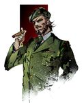  beard beret big_boss brown_hair cigar eyepatch facial_hair green_hat hat ikuyoan male_focus metal_gear_(series) metal_gear_solid_3 military military_uniform necktie ribbon_bar solo uniform 