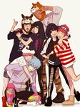  4girls bad_id bad_twitter_id blue_eyes blue_hair boots casual chip_(disney) closed_eyes dale_(disney) fur_boots gamagoori_ira glasses hat highres inumuta_houka jakuzure_nonon kill_la_kill kiryuuin_satsuki legs looking_back ma2 mankanshoku_mako matoi_ryuuko multiple_boys multiple_girls open_mouth pink_eyes pink_hair red_footwear rubber_boots sanageyama_uzu short_hair striped thumbs_up ugg_boots v 