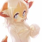  adjusting_clothes animal_ears blue_eyes blush bright_pupils eyebrows furry long_sleeves looking_at_viewer meme_attire mizuki_kotora open-chest_sweater original simple_background solo sweater tail thick_eyebrows turtleneck upper_body white_background white_hair 