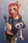 belt breasts dead_or_alive dead_or_alive_5 eu03 gloves hair_ornament highres hips honoka_(doa) huge_breasts long_hair looking_at_viewer one_side_up open_mouth ponytail red_eyes red_hair shirt shirt_pull simple_background single_glove skirt skull skull_and_crossbones smile solo taut_clothes taut_shirt 