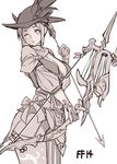  animal_ears bow_(weapon) breasts cat_ears cleavage copyright_name final_fantasy final_fantasy_xiv hat houtengeki large_breasts looking_at_viewer miqo'te monochrome one_eye_closed simple_background solo weapon white_background 