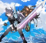  black_footwear boots cardigan energy_sword explosion eyepatch grin gundam gundam_seed highres kantai_collection necktie purple_hair short_hair smile solo strike_gundam sword sword_strike_gundam tenryuu_(kantai_collection) thighhighs usamimi_(usamimiok) water weapon zettai_ryouiki 