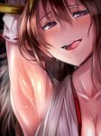  :p arm_up armpits bad_id bad_pixiv_id bare_shoulders blush brown_hair detached_sleeves hairband headgear heart heart-shaped_pupils japanese_clothes kantai_collection kongou_(kantai_collection) long_hair looking_at_viewer open_mouth saliva smile solo steam sweat symbol-shaped_pupils tongue tongue_out ulrich_(tagaragakuin) 