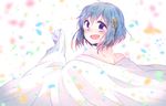  :d bare_shoulders blue_eyes blue_hair cape gloves hair_ornament hairclip highres looking_back mahou_shoujo_madoka_magica mahou_shoujo_madoka_magica_movie miki_sayaka mizuki_(flowerlanguage) open_mouth short_hair smile solo 