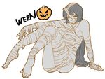  a_will bandages halloween halloween_costume jack-o'-lantern kago1205 long_hair monochrome mummy_costume solo 