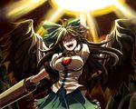  :d ahoge arm_cannon arm_up black_hair black_wings bow breasts constricted_pupils energy_ball feathered_wings frilled_skirt frills green_skirt hair_bow large_breasts long_hair open_mouth puffy_short_sleeves puffy_sleeves red_eyes reiuji_utsuho rence_(mjyoon1452) shaded_face shirt short_sleeves skirt smile solo spread_wings sunburst taut_clothes taut_shirt third_eye touhou upper_body weapon white_shirt wings 