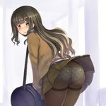  :o ass bag black_legwear blush brown_eyes brown_hair from_behind itou_ryuusei long_hair looking_at_viewer looking_back original panties panties_under_pantyhose pantyhose polka_dot polka_dot_panties school_bag school_uniform skirt solo thighband_pantyhose underwear 