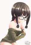  alternate_costume bad_id bad_pixiv_id bangs bare_shoulders bespectacled black_hair blunt_bangs braid glasses kantai_collection kitakami_(kantai_collection) long_hair nekobaka ribbed_sweater single_braid solo sweater 