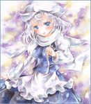  apron blue_eyes blush border brooch colored_pencil_(medium) gradient gradient_background hand_up hat jewelry juliet_sleeves letty_whiterock long_sleeves looking_at_viewer marker_(medium) open_mouth potto puffy_sleeves scarf short_hair silver_hair skirt skirt_set solo touhou traditional_media waist_apron watercolor_(medium) white_scarf 