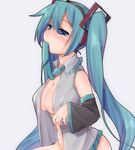  aqua_eyes aqua_hair bad_id bad_pixiv_id blush bottomless breasts cleavage detached_sleeves hatsune_miku headphones hikataso long_hair medium_breasts mouth_hold necktie open_clothes open_shirt shirt solo twintails very_long_hair vocaloid 