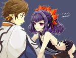  1girl assertive bad_id bad_pixiv_id black_choker blue_background braid brown_hair choker earrings feather_earrings french_braid green_eyes jewelry mole mroj purple_eyes purple_hair saimon_(tales) short_hair short_shorts shorts smile sorey_(tales) tales_of_(series) tales_of_zestiria 