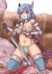  amashoku_jirou armor bad_id bad_pixiv_id bikini_armor blue_hair blush breasts cameltoe looking_at_viewer medium_breasts navel original red_eyes scar solo sword weapon 
