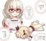  2girls athrun1120 bangs bow brown_eyes chibi commentary_request cup eyebrows_visible_through_hair full_body glasses grey_hair hair_ornament hair_ribbon hazuki_shizuku iijima_yun long_hair lying multiple_girls new_game! on_stomach open_mouth red-framed_eyewear ribbon saucer short_hair spill tea teacup twintails white_legwear 