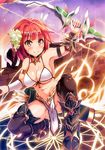  armpits bad_id bad_pixiv_id bikini_top blush bow_(weapon) breasts brown_eyes cleavage fantasy front-tie_top higa looking_at_viewer medium_breasts navel original red_hair smile solo weapon 