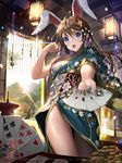  ace animal_ears architecture blue_eyes bridge brown_hair bunny_ears card club_(shape) diamond_(shape) east_asian_architecture furyou_michi_~gang_road~ hair_ornament heart highres indoors long_hair open_mouth playing_card poker rebecca_myers solo_focus spade_(shape) tob tree 